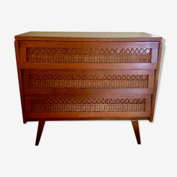 Commode en rotin vintage pieds compas