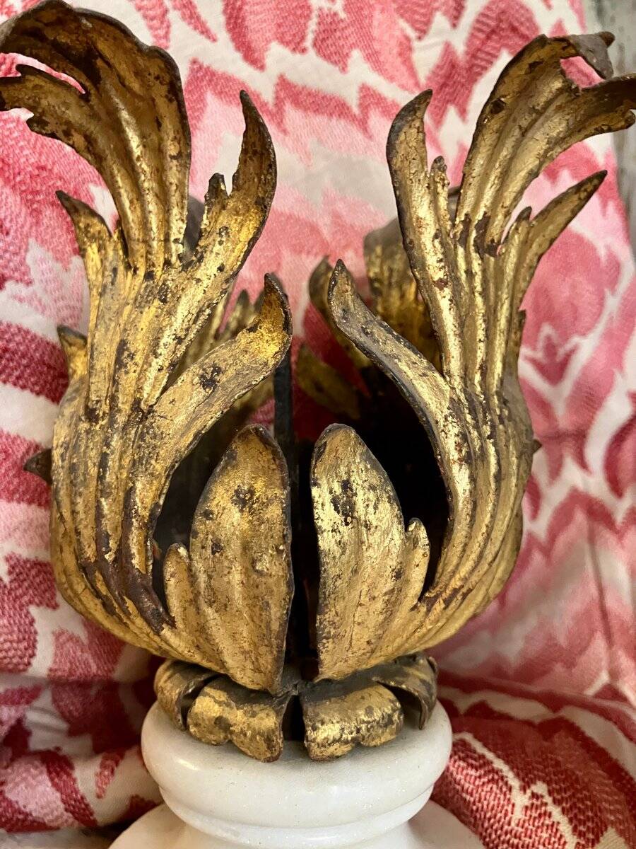 Florentine Renaissance Gilded Iron Acanthus Leaf Candleholders on Carrara Marble Bases, Set of 2
