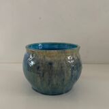 Blue enameled plant pot