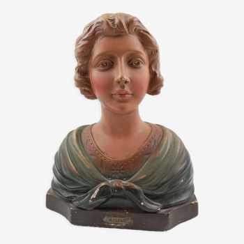 Bust of a young girl "peasant", around 1860, plaster polychrome painting.