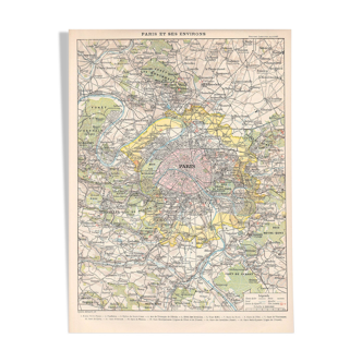 Old map of Paris and its surroundings late 19th century