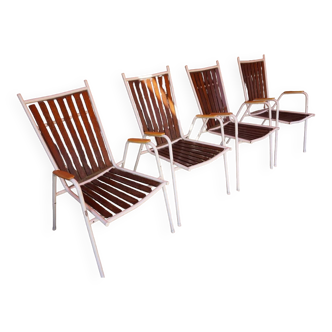 Mid Century Danish Stackable Garden Chairs in Teak and Steel Tube , 1960s, Set of 4