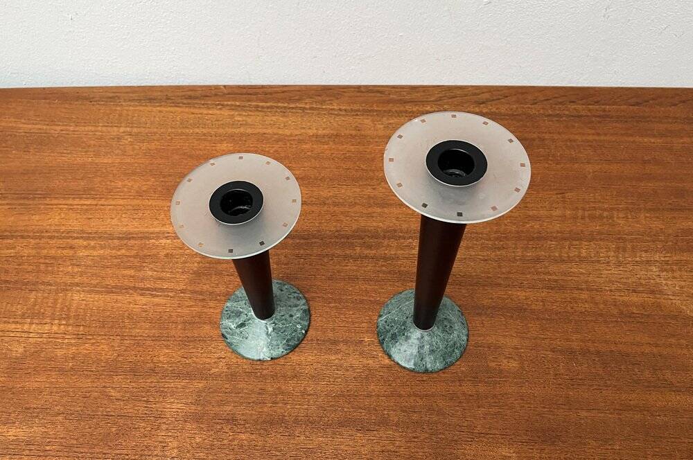 Vintage postmodern Italian wooden and stone candle holders, 1980s, set of 2.