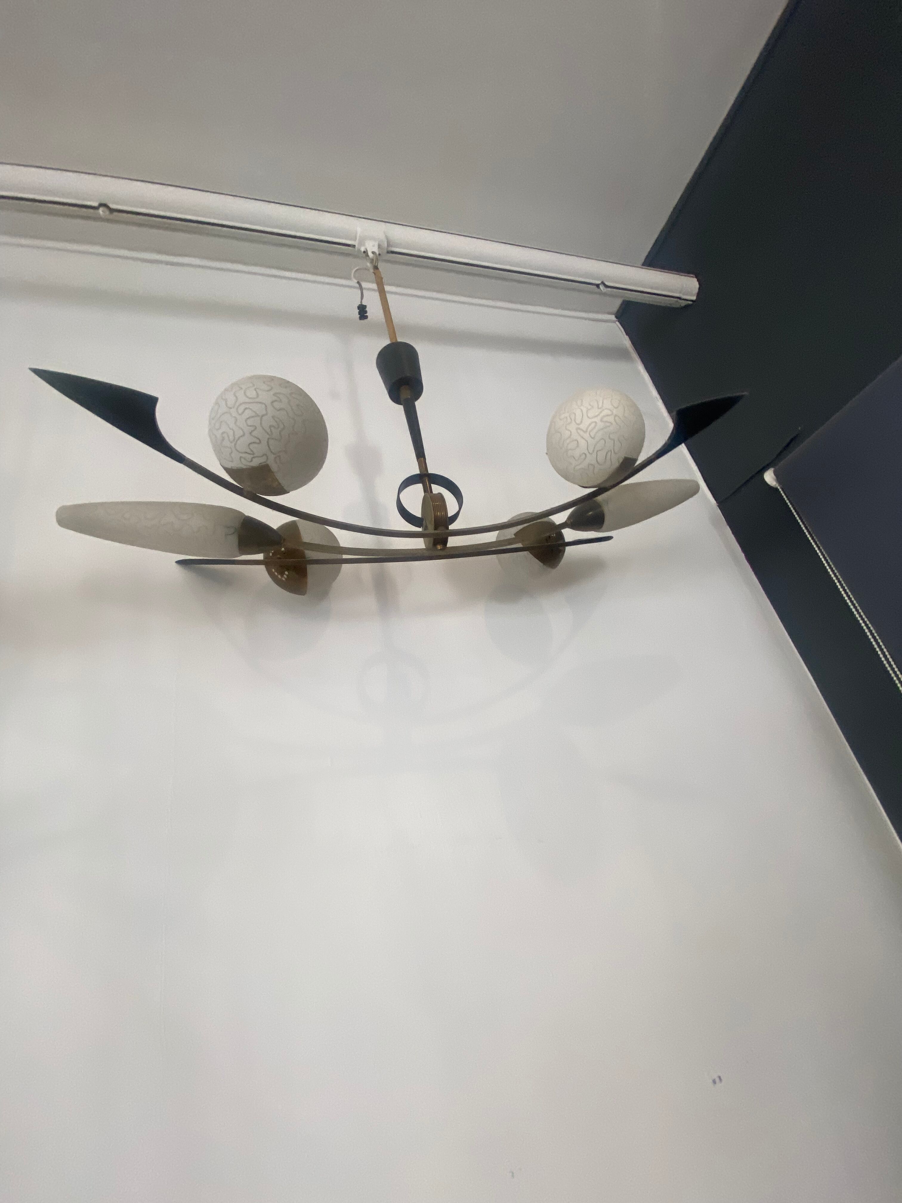 Art deco brass and glass chandelier