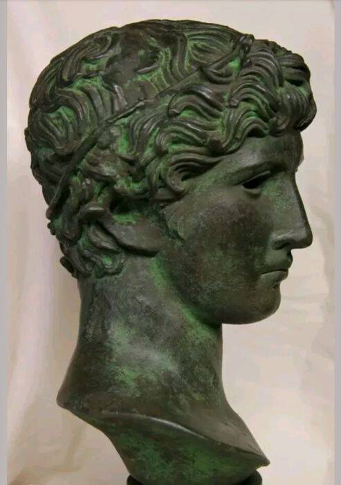 large bust of Greco-Roman Apollo, plaster with antique bronze patina