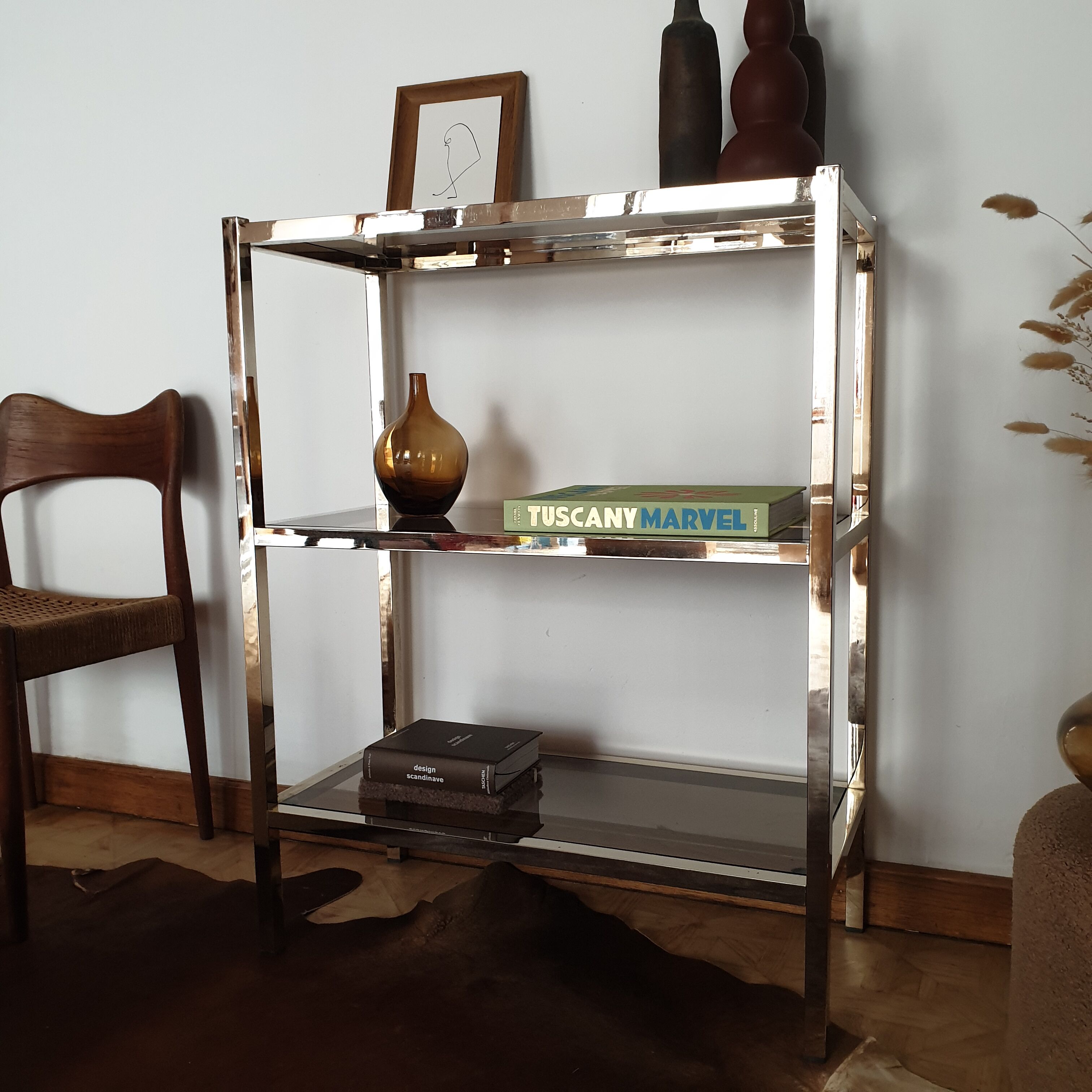 Bookcase furniture gilded and smoked glass vintage 70s Rochebobois