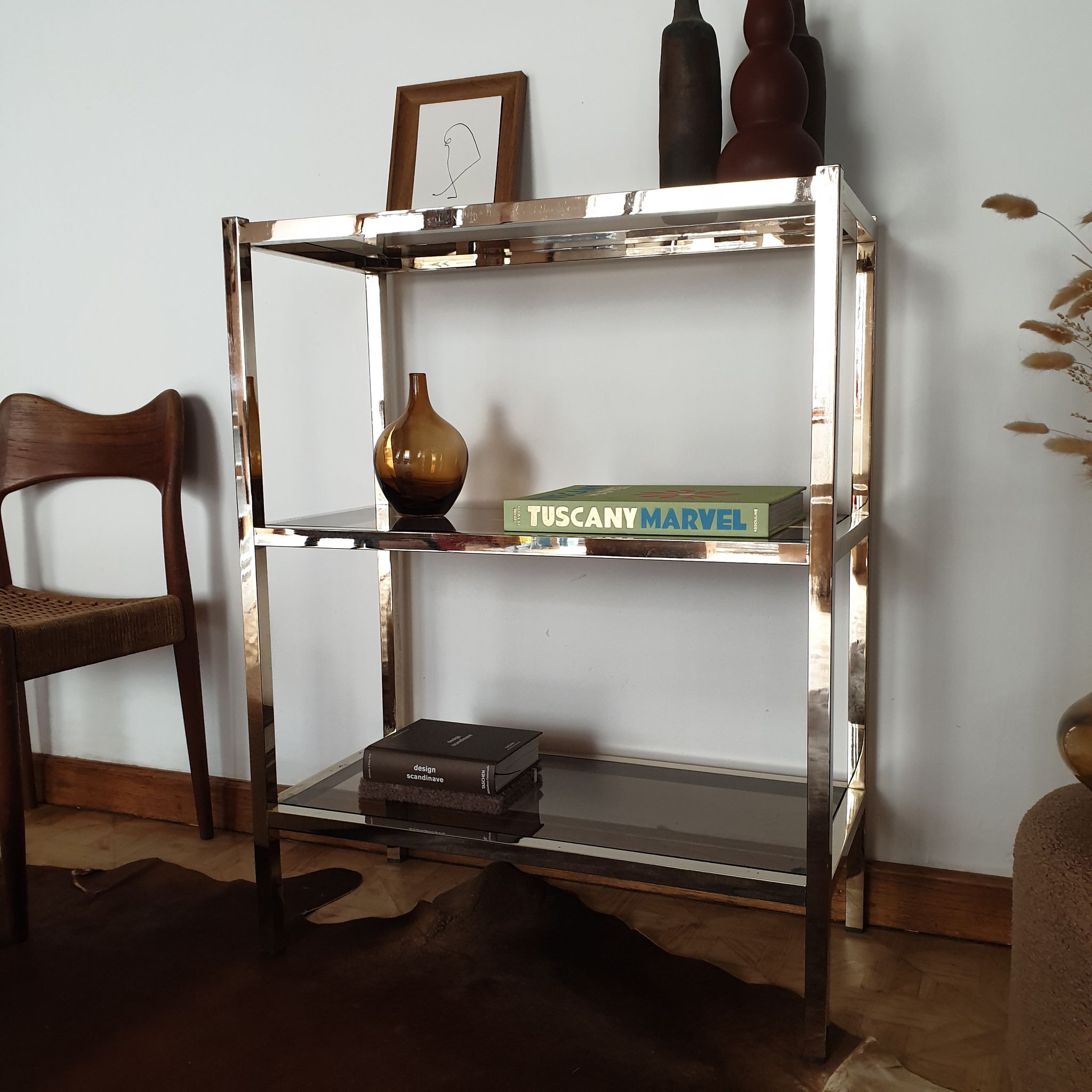 Bookcase furniture gilded and smoked glass vintage 70s Rochebobois