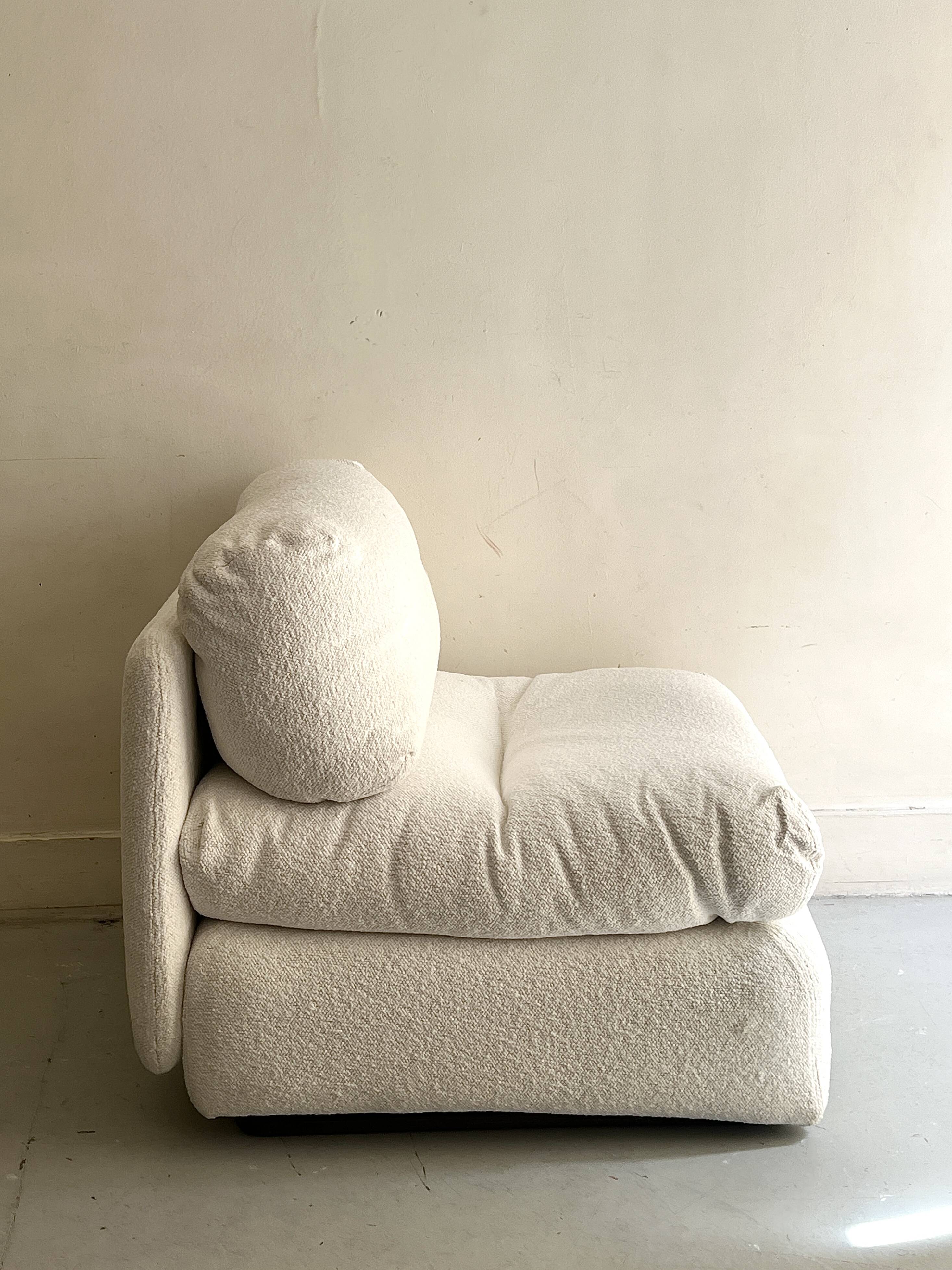 Italian off-white chenille armchair with a wooden base, 1970s design.