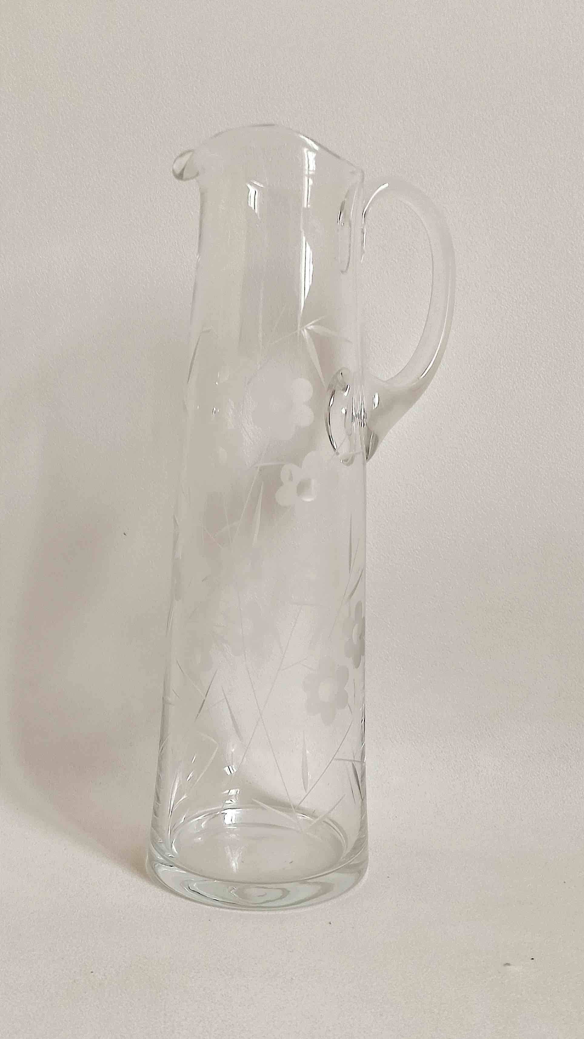 Chiseled crystal pitcher with floral decor 1950s Height 34 cm