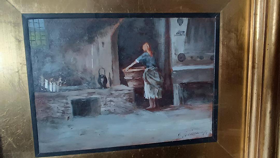 huile sur panneau "la lavandière" Gino Tommasi (1880-1942), début XXe siècl