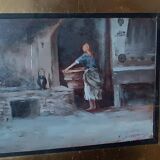 huile sur panneau "la lavandière" Gino Tommasi (1880-1942), début XXe siècl