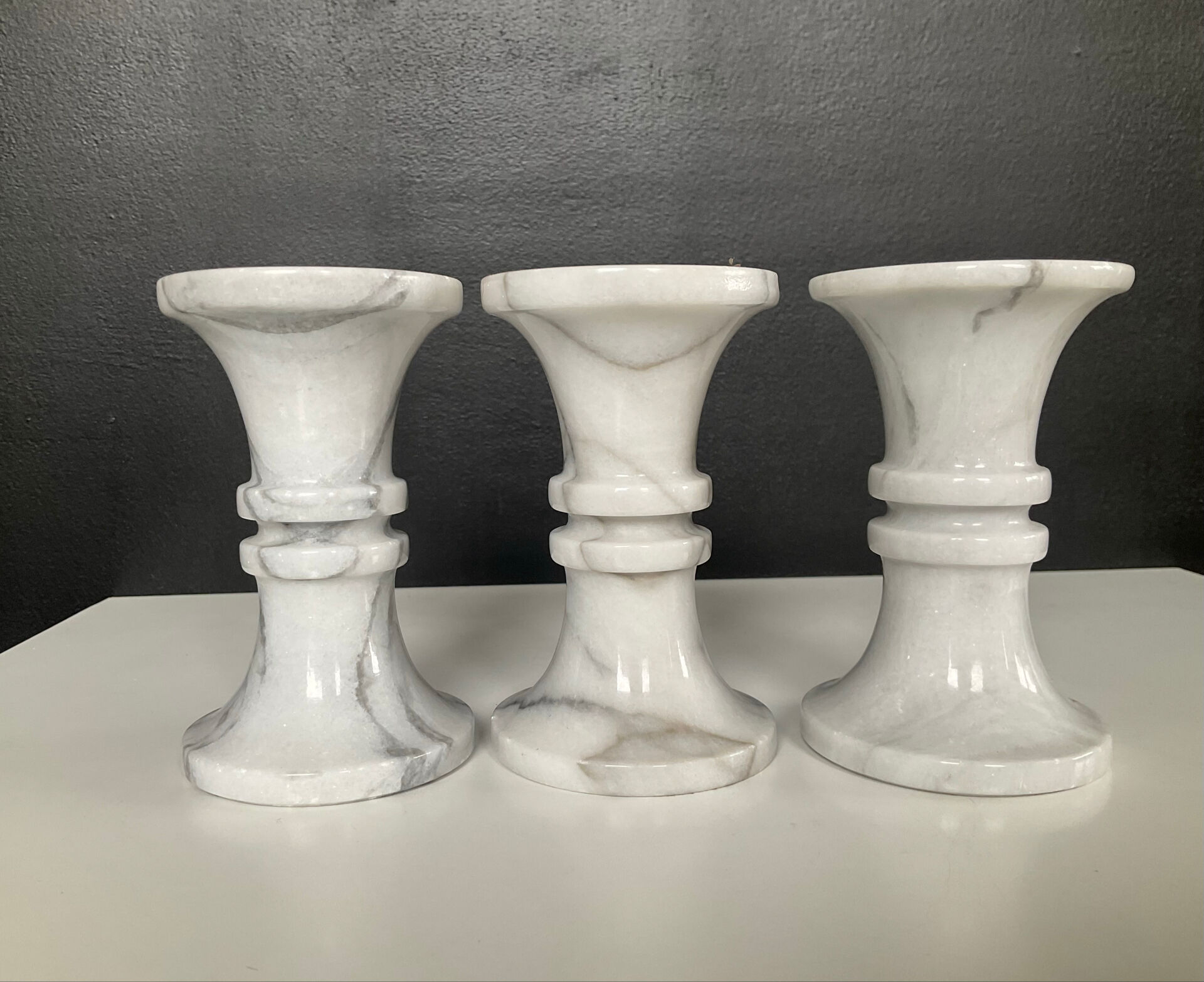 Set of 3 vintage Carrara marble candle holders