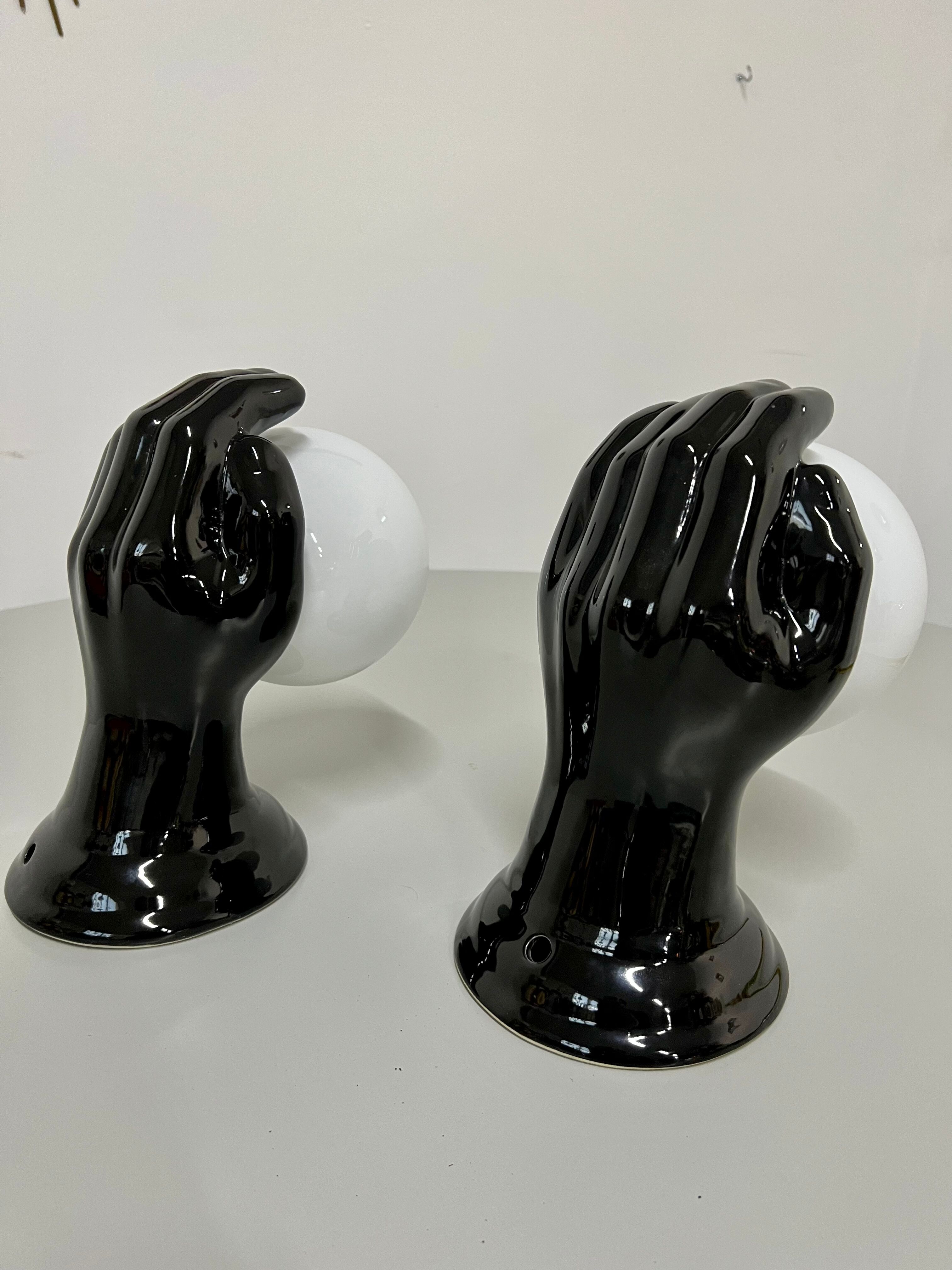 2 black ceramic hand lamps from the 70s / vintage and opaline lamp