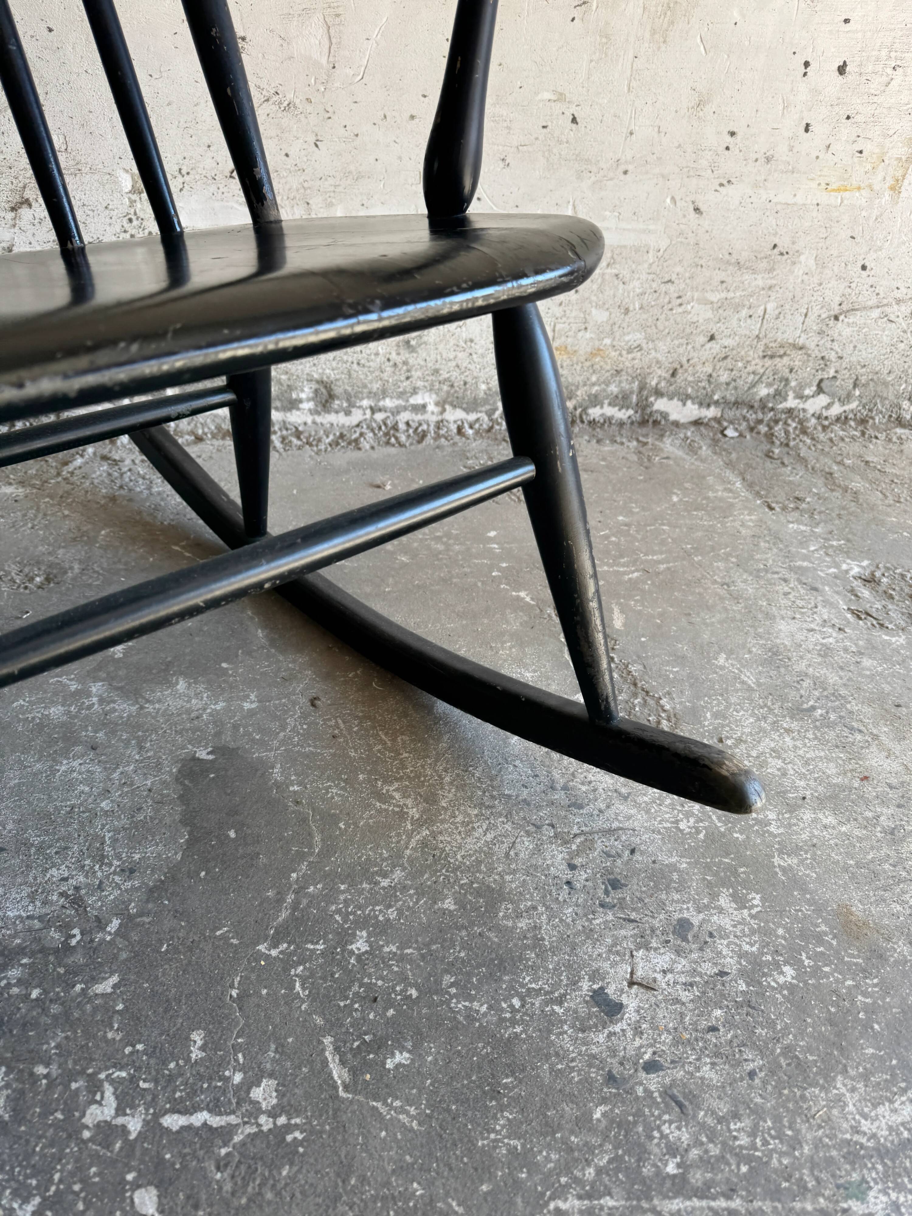 Black solid wood Scandinavian Windsor rocking chair — tall spindle back, mid-20th century