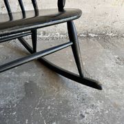 Black solid wood Scandinavian Windsor rocking chair — tall spindle back, mid-20th century