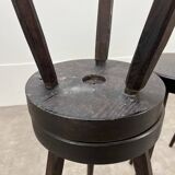 4 brutalist tripod bar stools, solid wood, 1950s