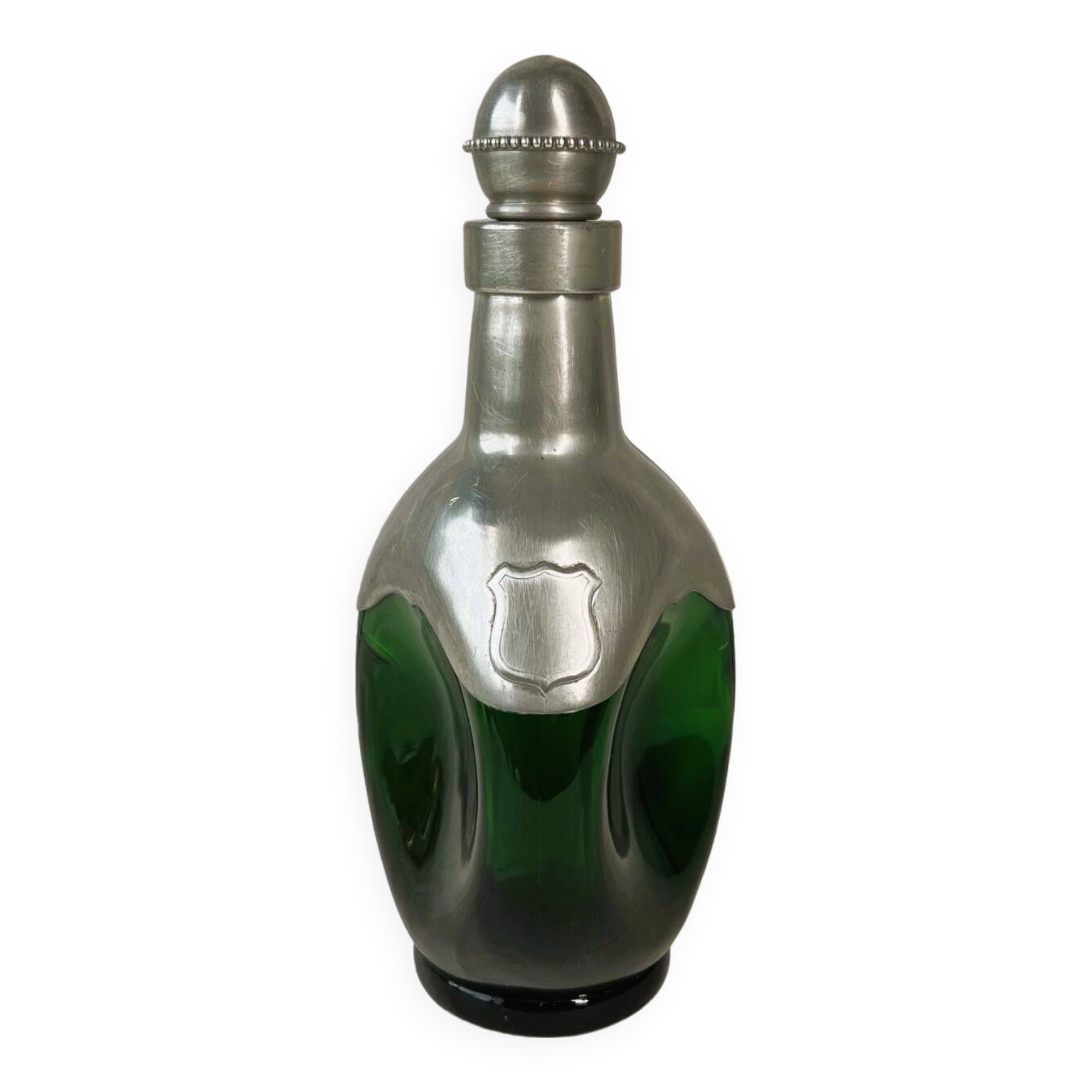 Carafe ou flacon en verre vert et étain
