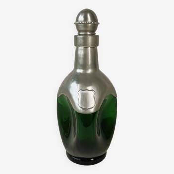 Carafe or bottle in green glass and pewter