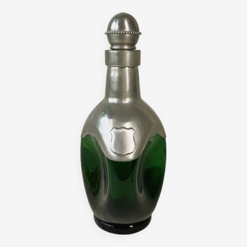 Carafe ou flacon en verre vert et étain