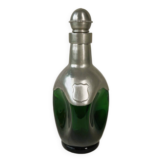 Carafe or bottle in green glass and pewter