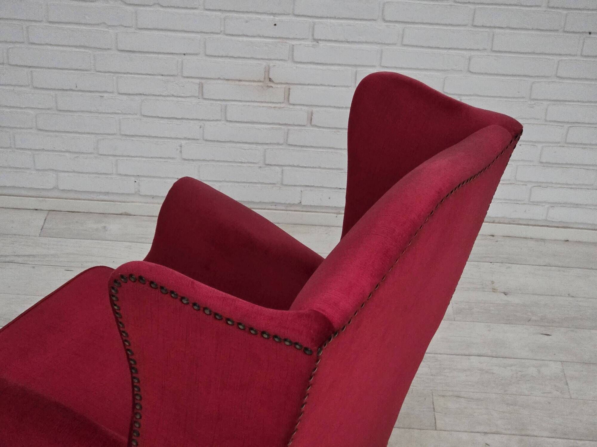 1970s, Danish highback armchair, furniture velour, ash wood legs.