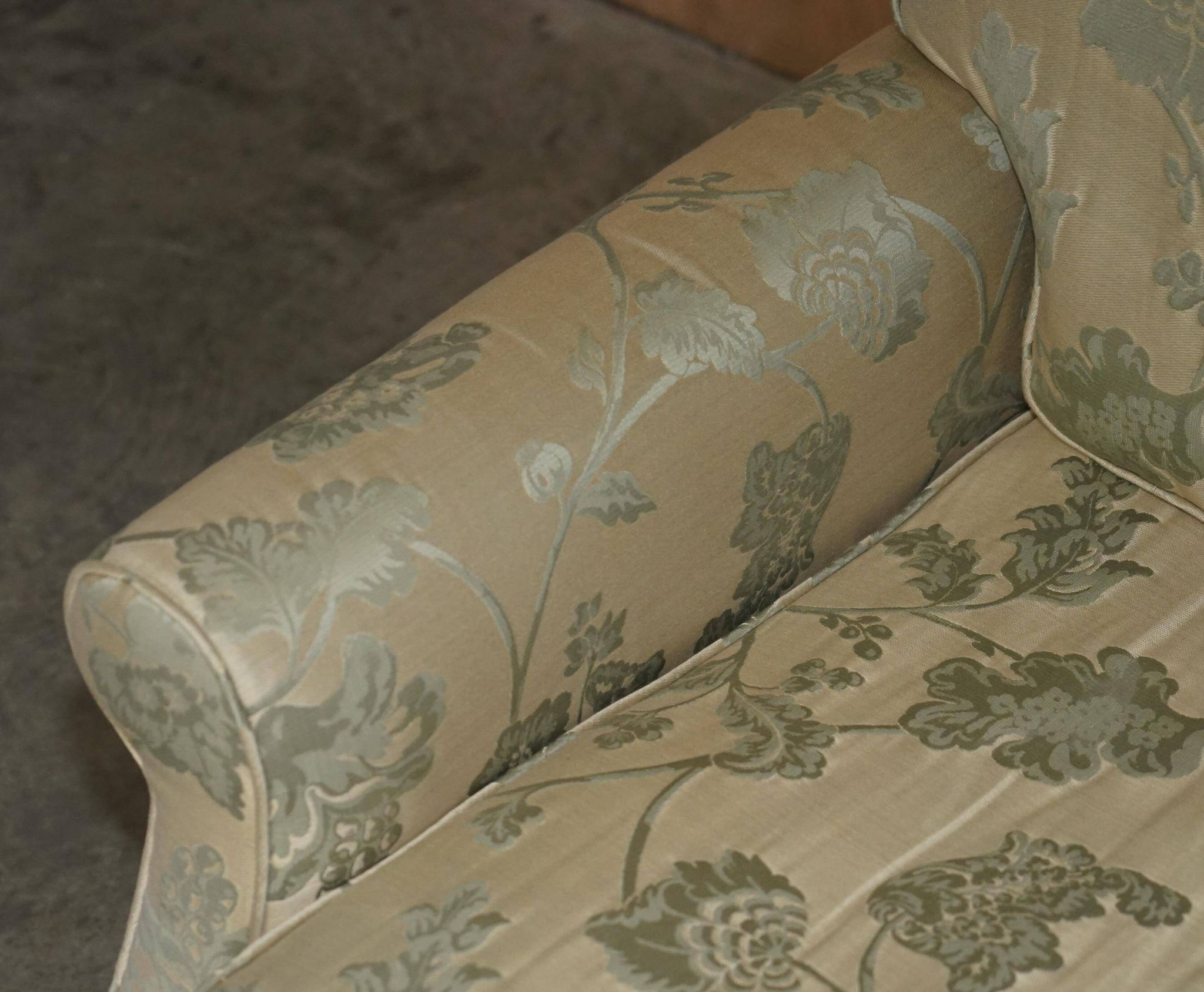 Pair of Howard & Son's style sofas in floral patterned silk blend.