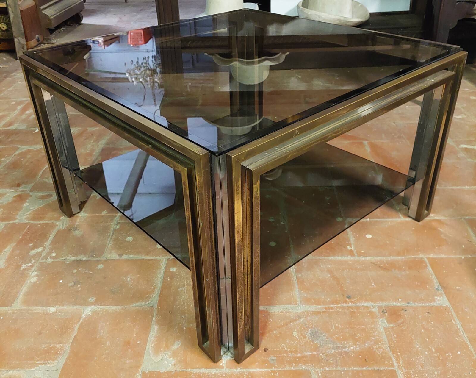 Smoked coffee table, brass, chromed metal, glass, 70s