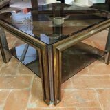 Smoked coffee table, brass, chromed metal, glass, 70s