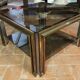 Smoked coffee table, brass, chromed metal, glass, 70s