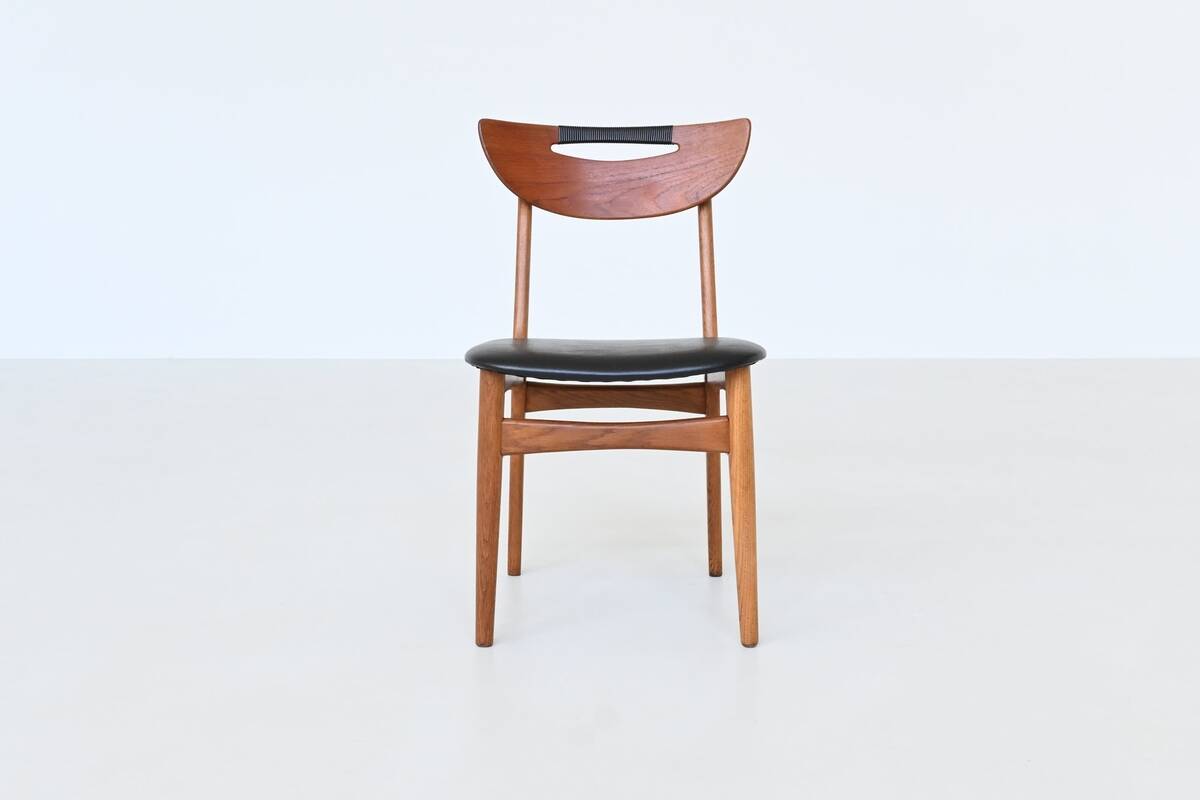 Set of six Danish dining chairs in teak and faux leather Denmark 1960