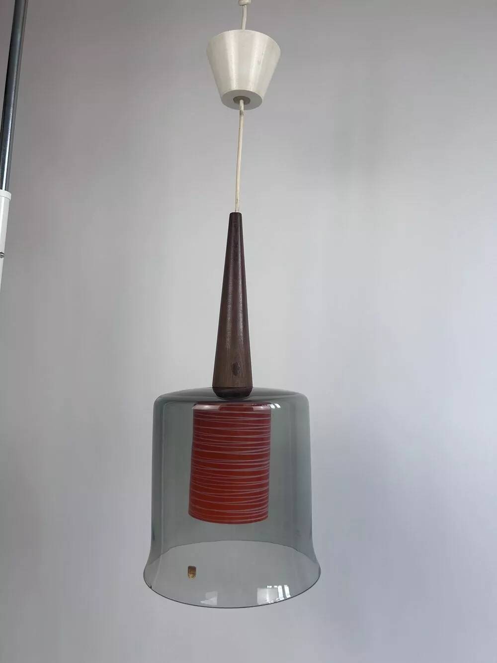 Vintage Philips pendant light, orange & smoked glass – wood, Sweden