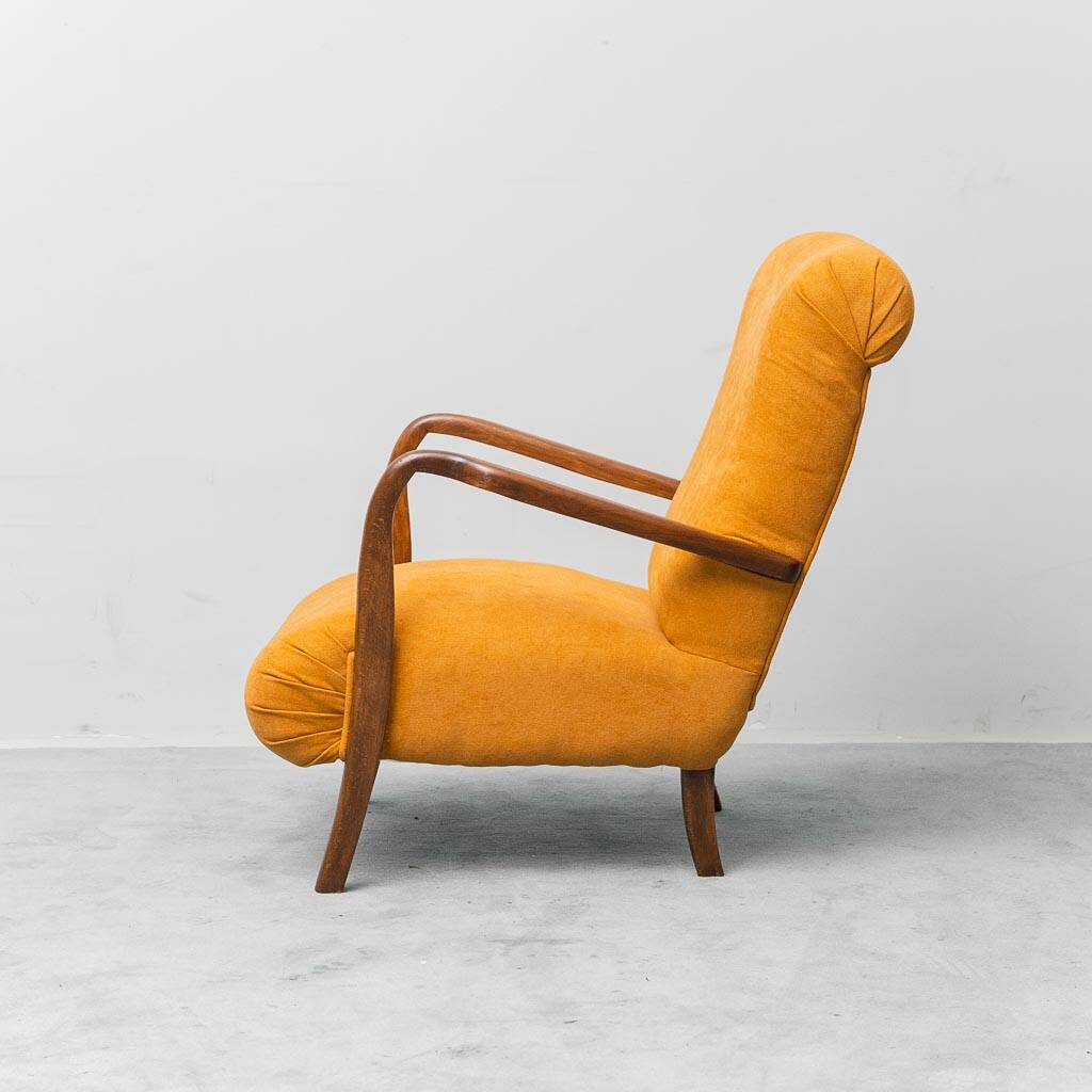 Scandinavian vintage armchair in orange fabric and wood, 1960s modernism