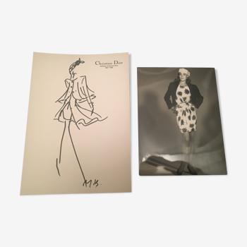 Christian dior: fashion illustration "autumn collection - winter 1987 -88" and original vintage press photography