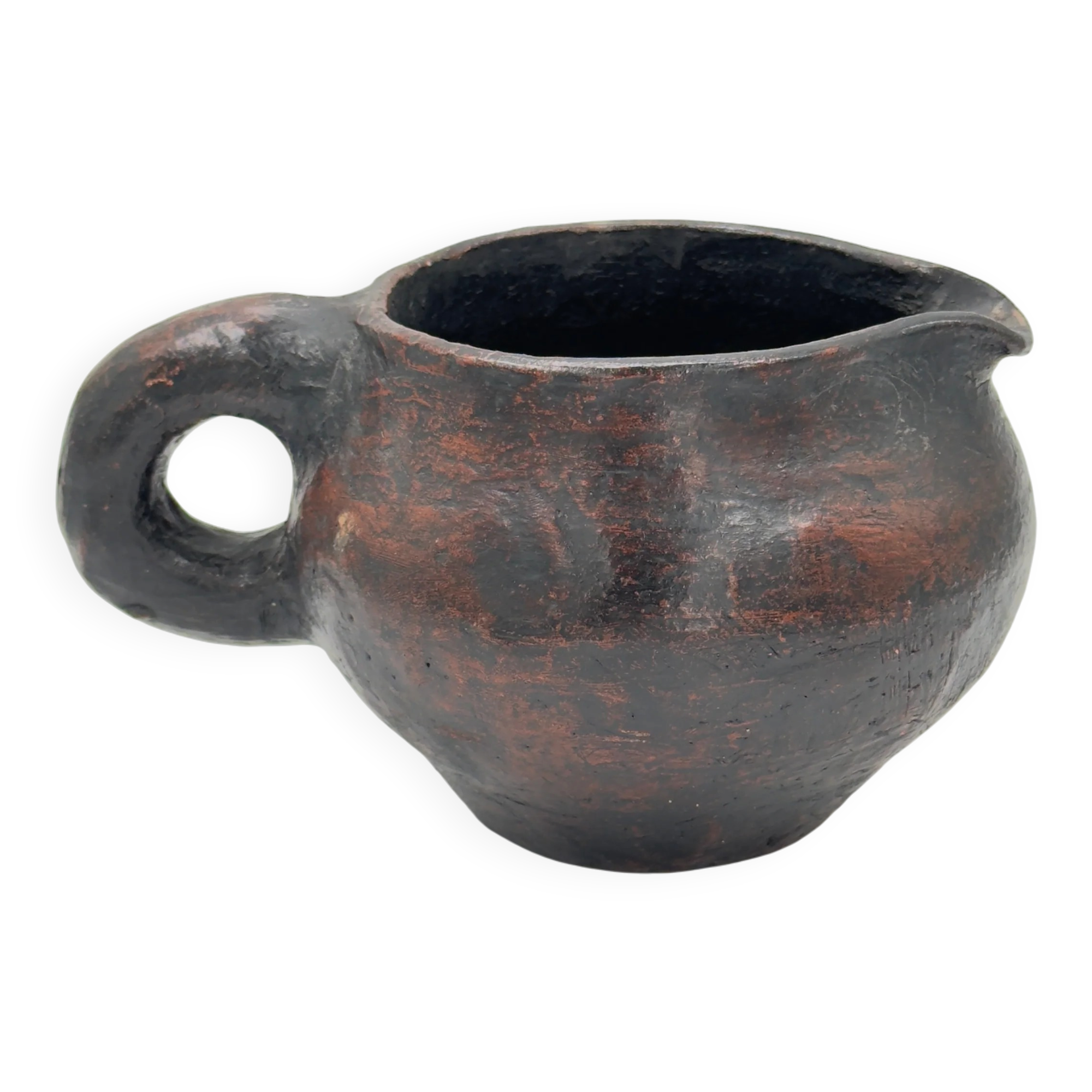 Vase tripode vintage en terre cuite, fait main, finition noire fumée