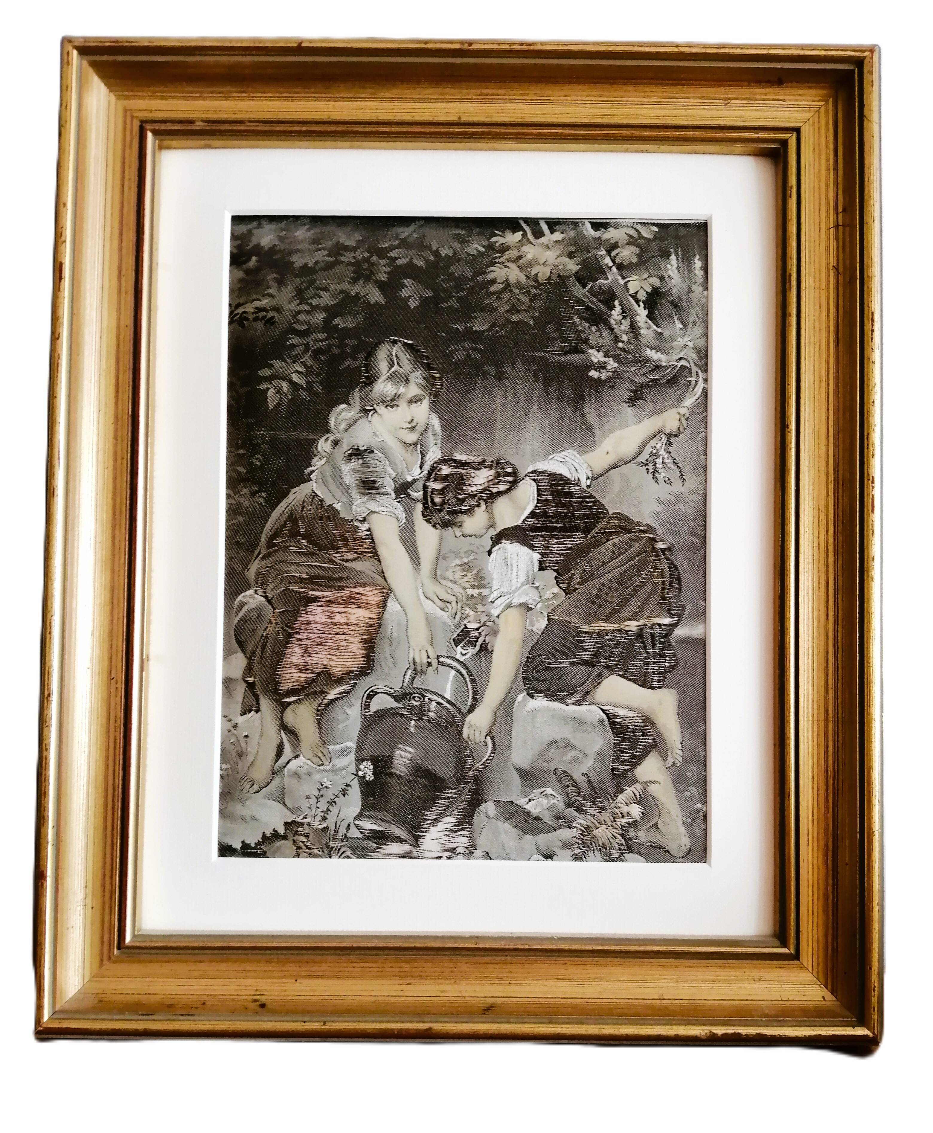PAINTING ON FABRIC, GILDED FRAME - Young girls at a fountain. (Paris 12th arrondissement)