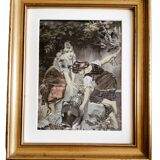 PAINTING ON FABRIC, GILDED FRAME - Young girls at a fountain. (Paris 12th arrondissement)