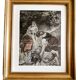 Painting on fabric with a golden frame, "young girls at a fountain"