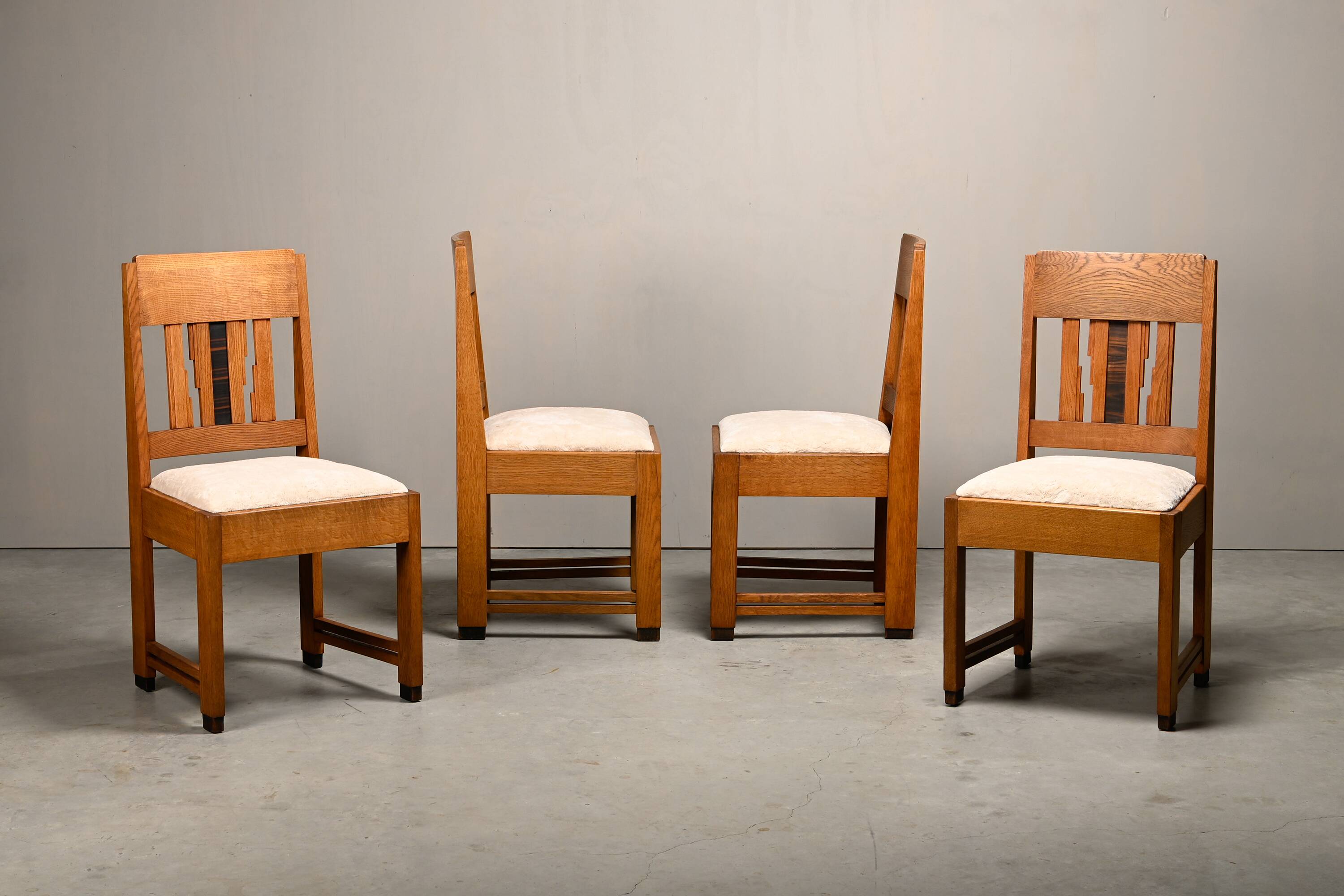 Dutch Art Deco Amsterdam School Dining Chairs in Oak and light Fabric
