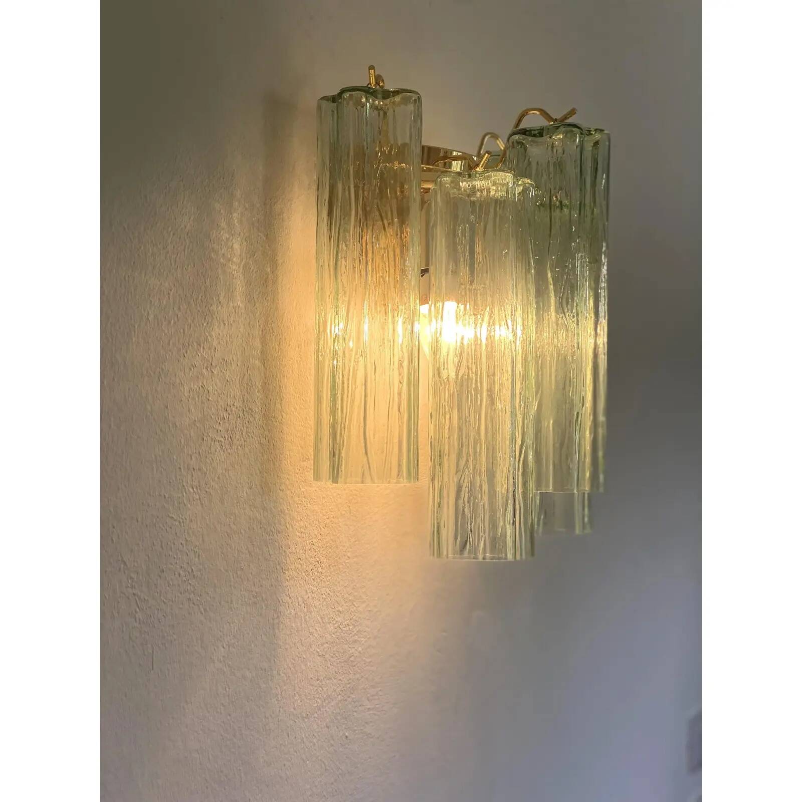 Pair of Contemporary Italian Murano Glass “Tronchi” Wall Sconces in Green