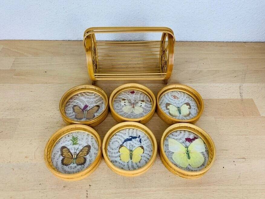 6 rattan coasters, butterflies, with basket