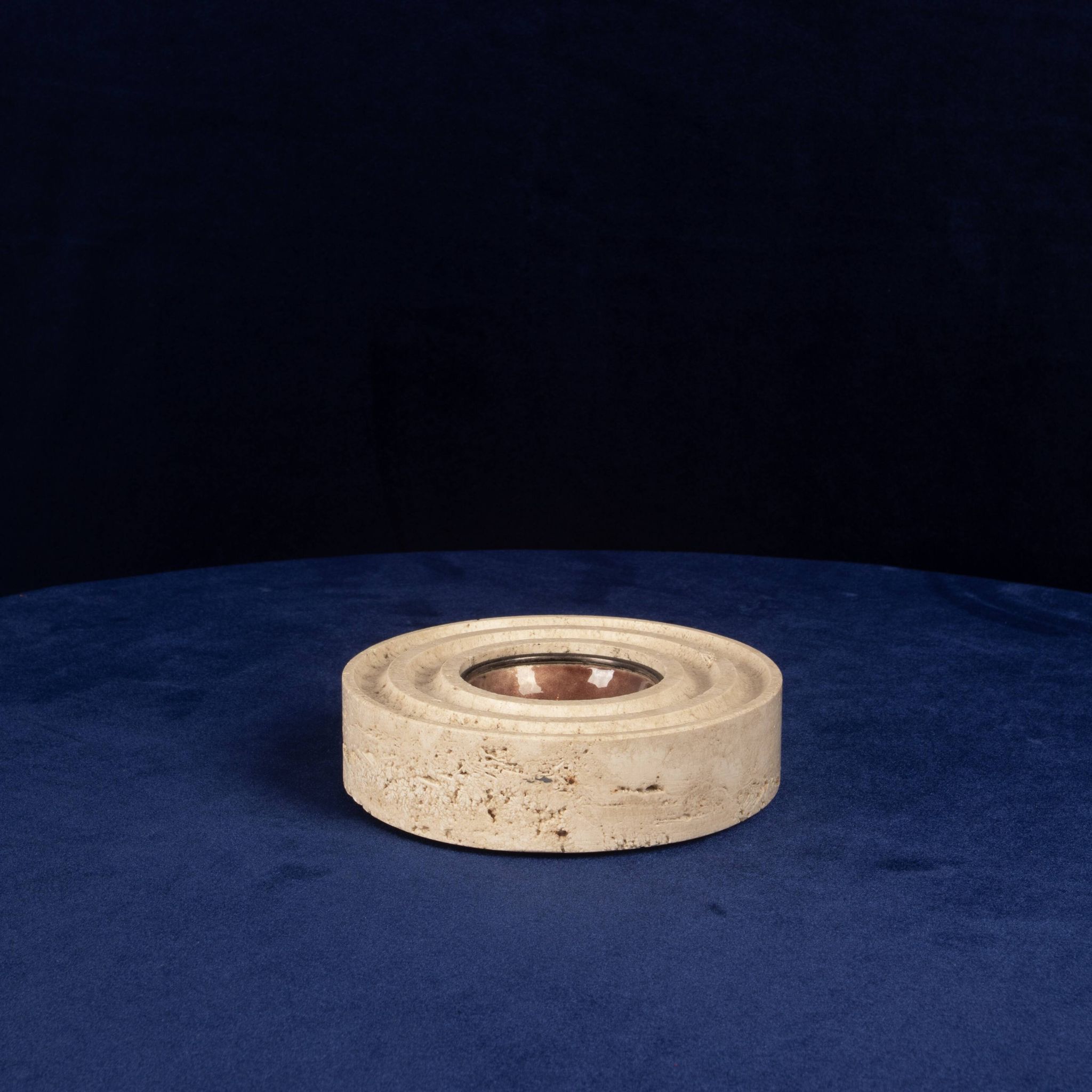 Italian Round Travertine and Copper-Toned Metal Ashtray, 1970