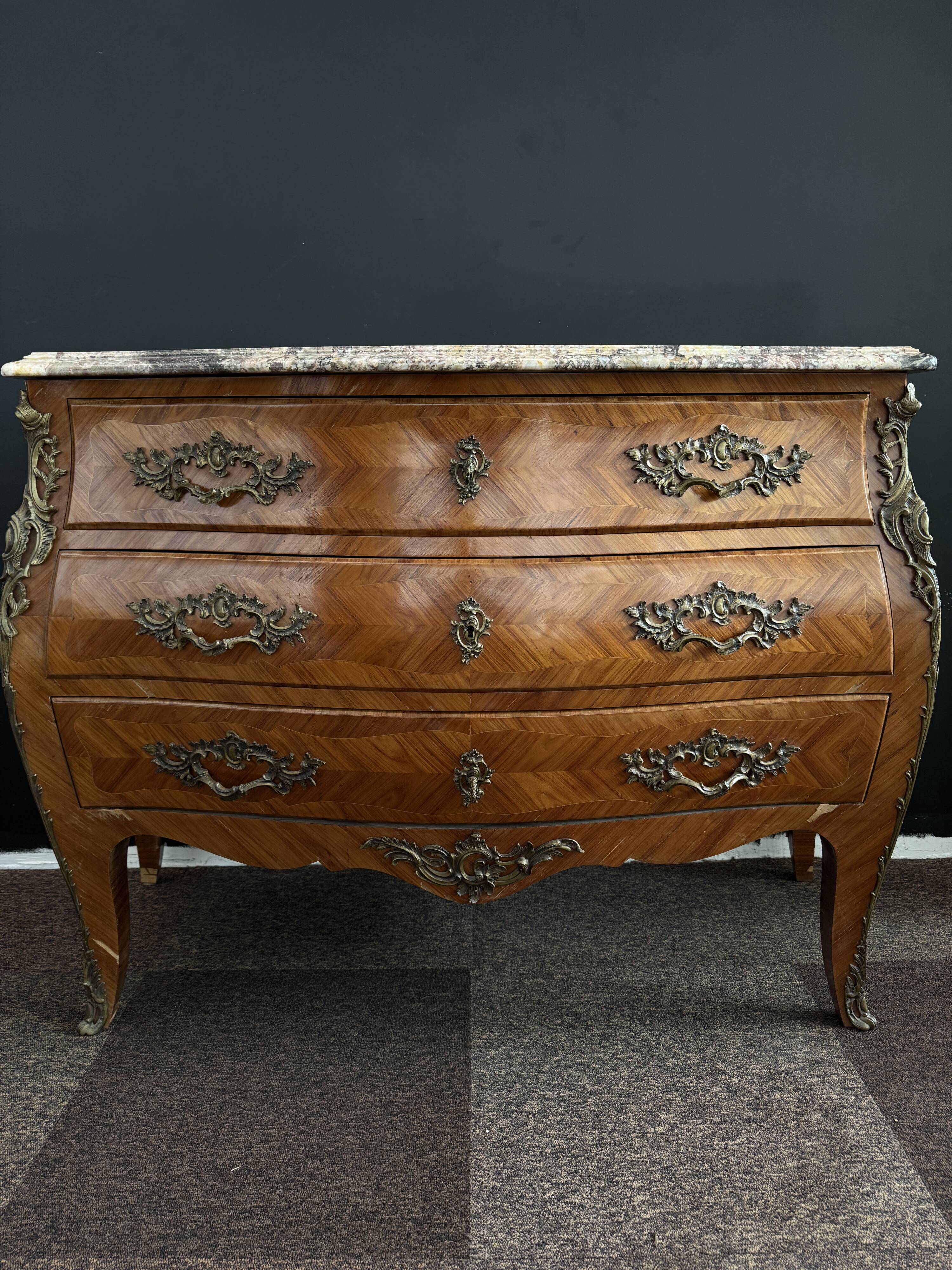 Bordeaux inlaid chest of drawers with marble and bronze ornament