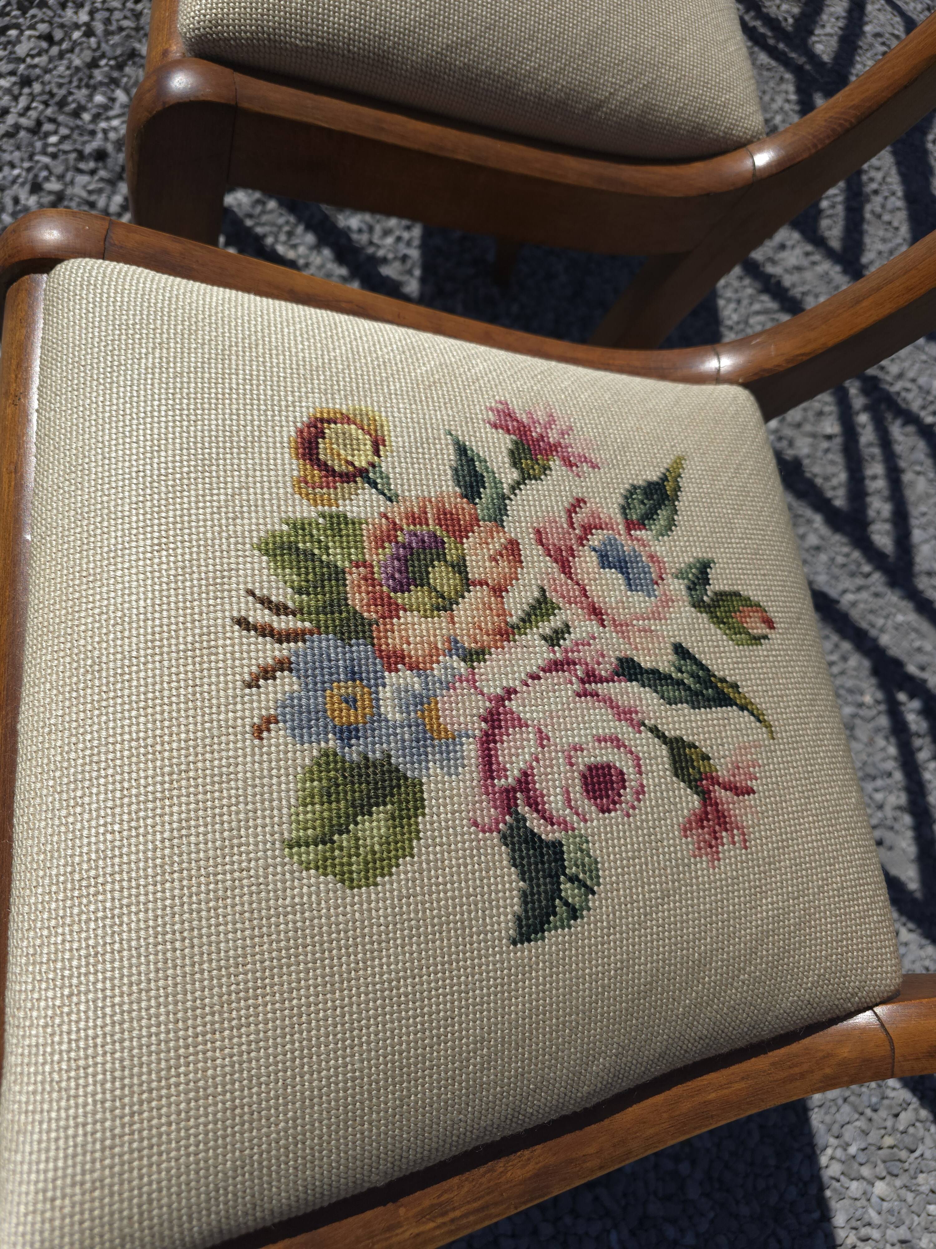 8 cherry wood chairs with embroidered seats