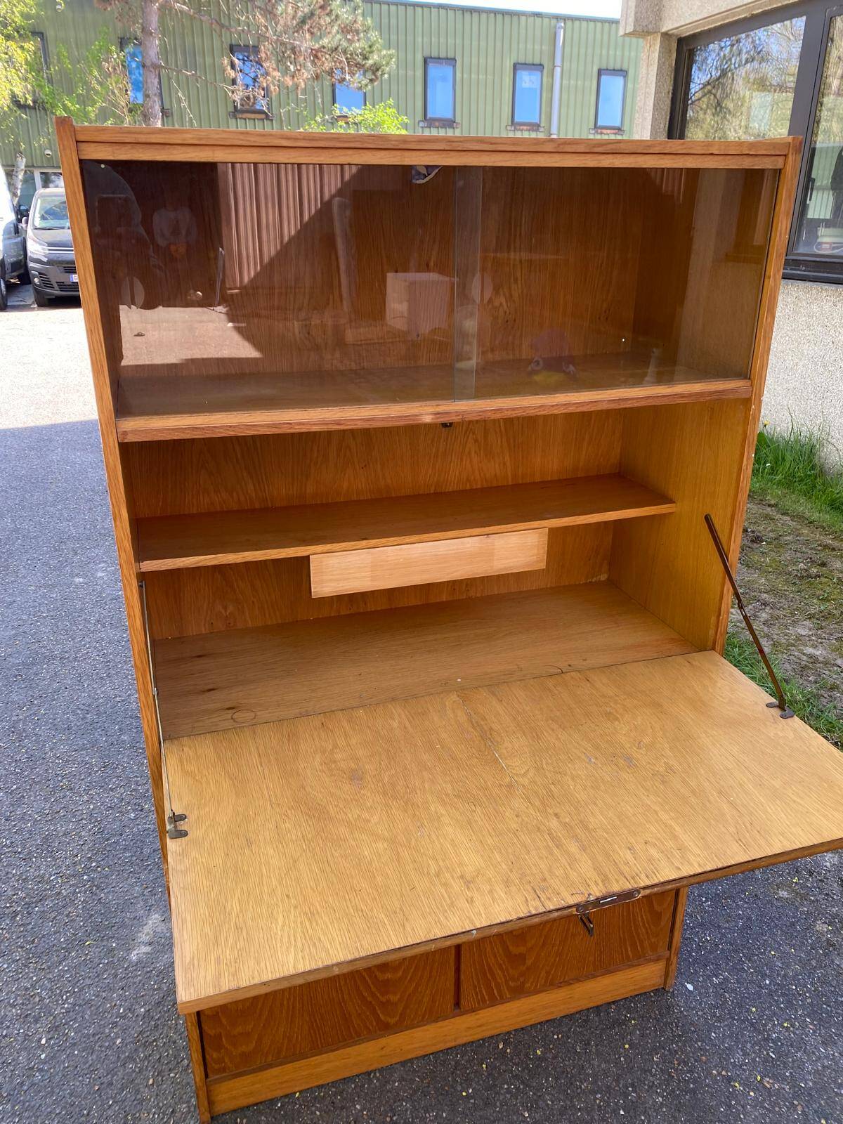 Vintage Scandinavian glass secretary with 3 doors