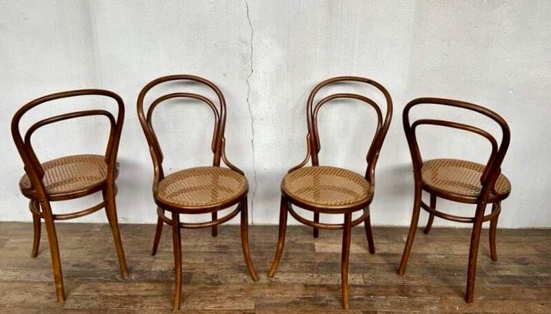 set of 4 bistro chairs in curved wood from the 1920s 1930s Canned seat