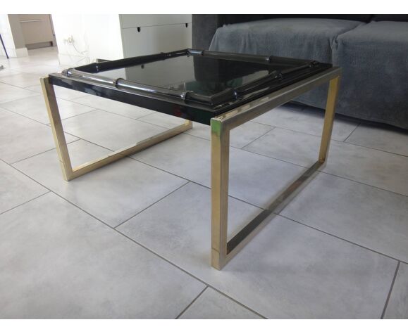 Table basse plateau bambou fibre de verre 65cm piétement métal doré 1970