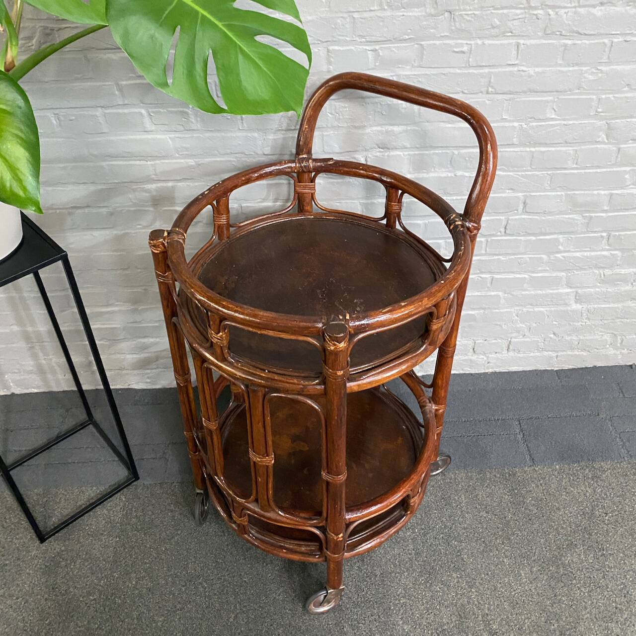 Round bamboo & rattan bar cart - italy 1960's
