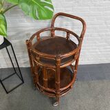 Round bamboo & rattan bar cart - italy 1960's