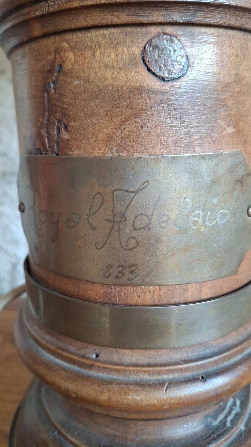 Antique turned wood lamp with engraved brass, Royal Adelaide.
