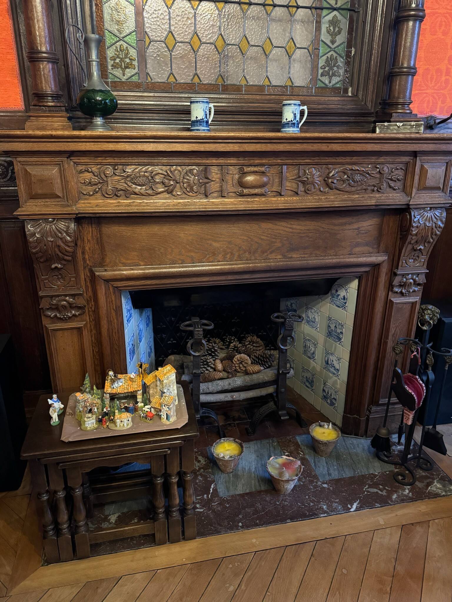 Antique carved wooden fireplace + overmantel – Napoléon III style
